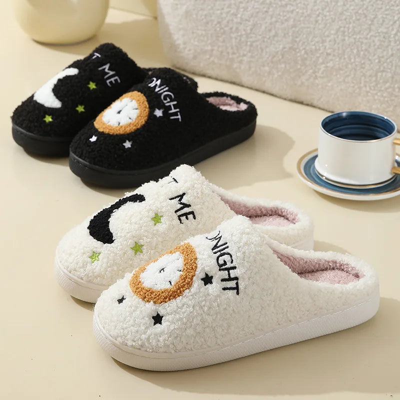 2025 Winter Moon & Clock Plush Cotton Slippers – Warm Non-Slip Indoor House Shoes for Men & Women