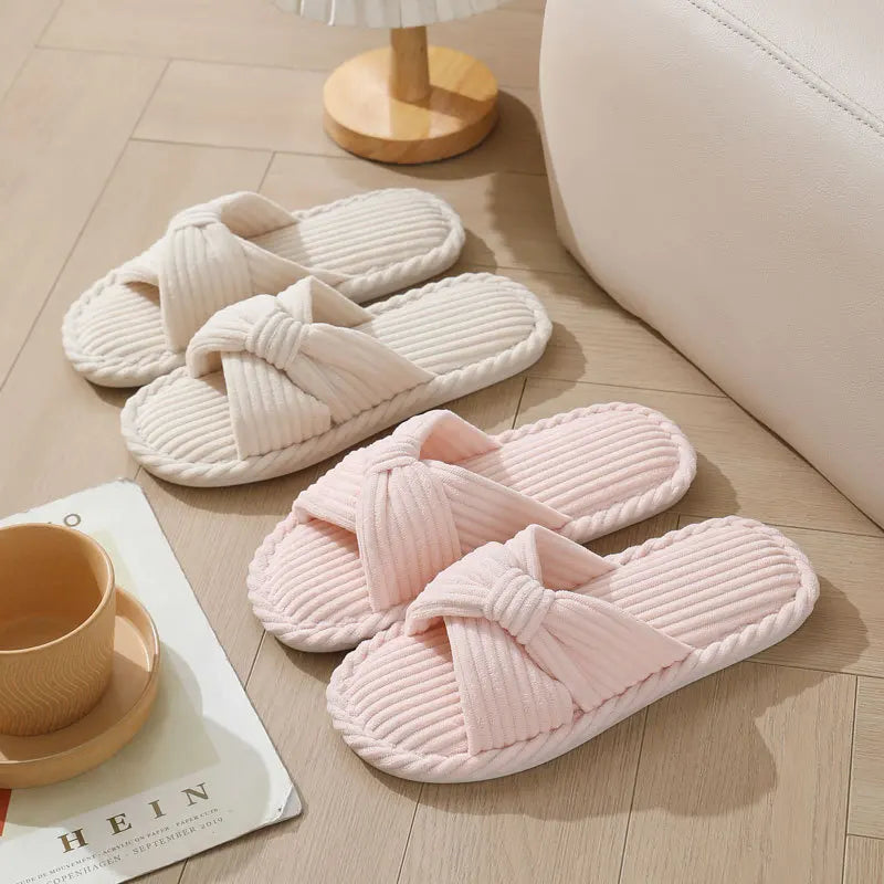 Women’s Corduroy Cross Strap Home Slippers – Open Toe Non-Slip Soft Cotton Indoor Shoes for Comfort & Style