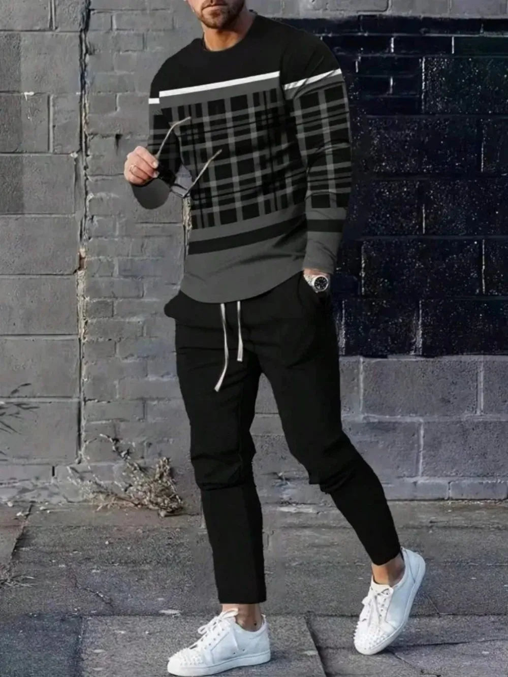 Men’s Summer Striped Patchwork Set – Breathable Round Neck Long Sleeve Top & Pants Outdoor Casual Outfit