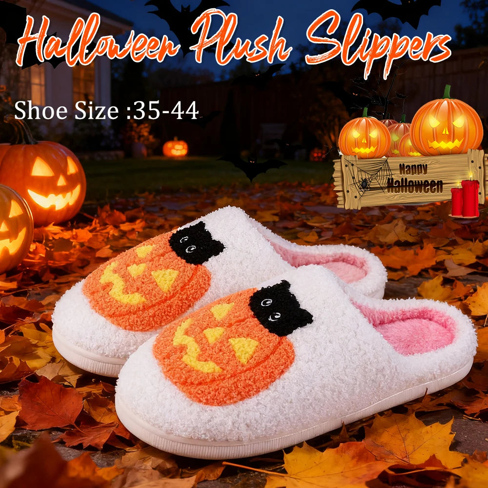 2025 Halloween Pumpkin Fluffy Slippers – Cotton Plush Platform Slides for Women & Couples, Funny Indoor Designer Home Shoes