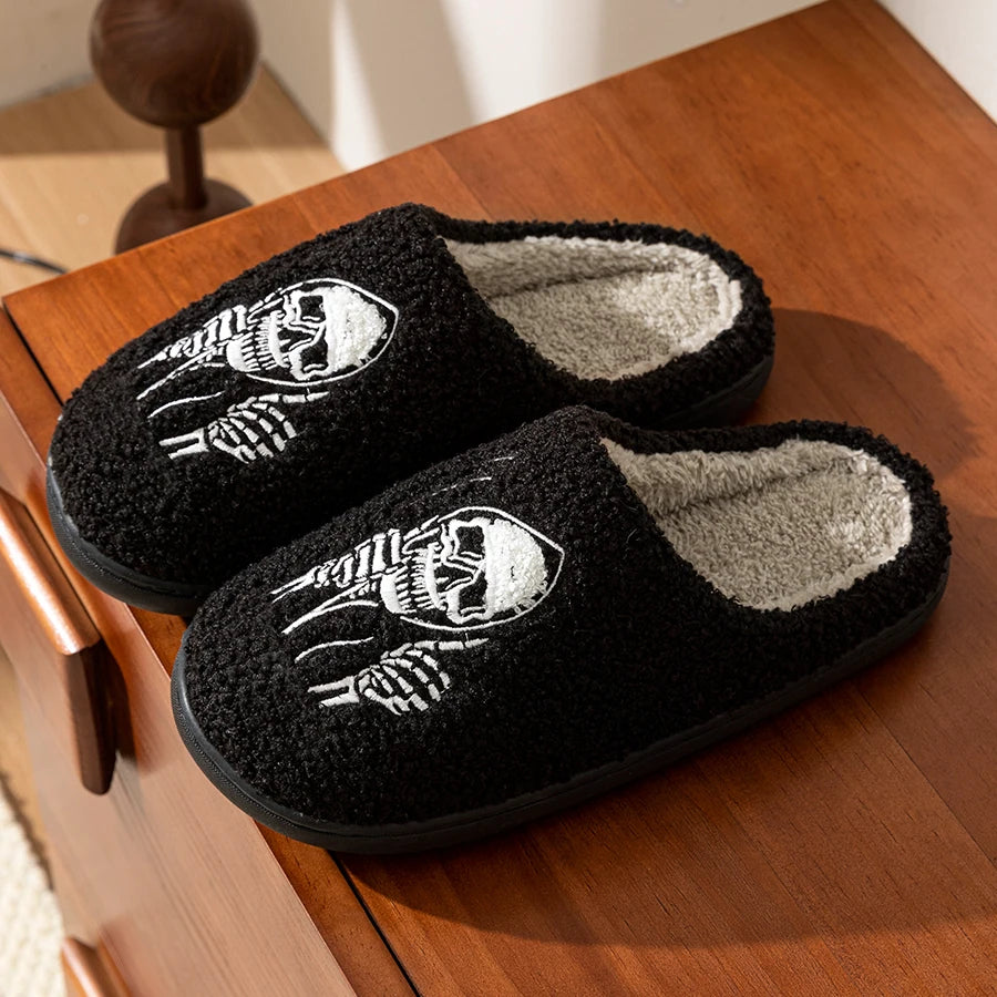 Halloween Skull Face Slippers – Funny Women’s Indoor Soft Plush Winter Cotton Shoes for Couples, Warm & Comfortable