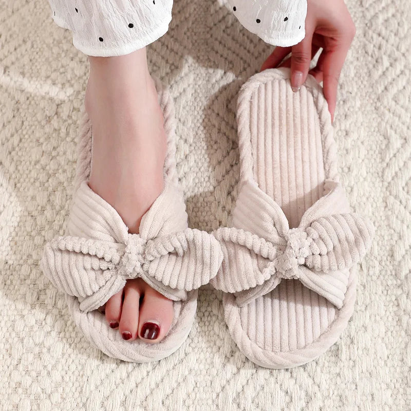 Women’s Bow Flat Heel Slippers – Non-Slip Open-Toe Soft Sole Slides for Home & All Seasons