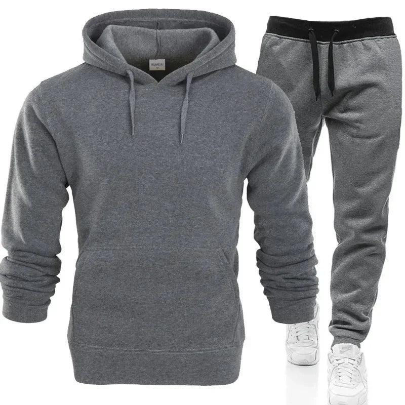 Men’s Fleece Tracksuit Set – Warm Hoodie & Sweatpants 2-Piece Streetwear Outfit for Autumn/Winter