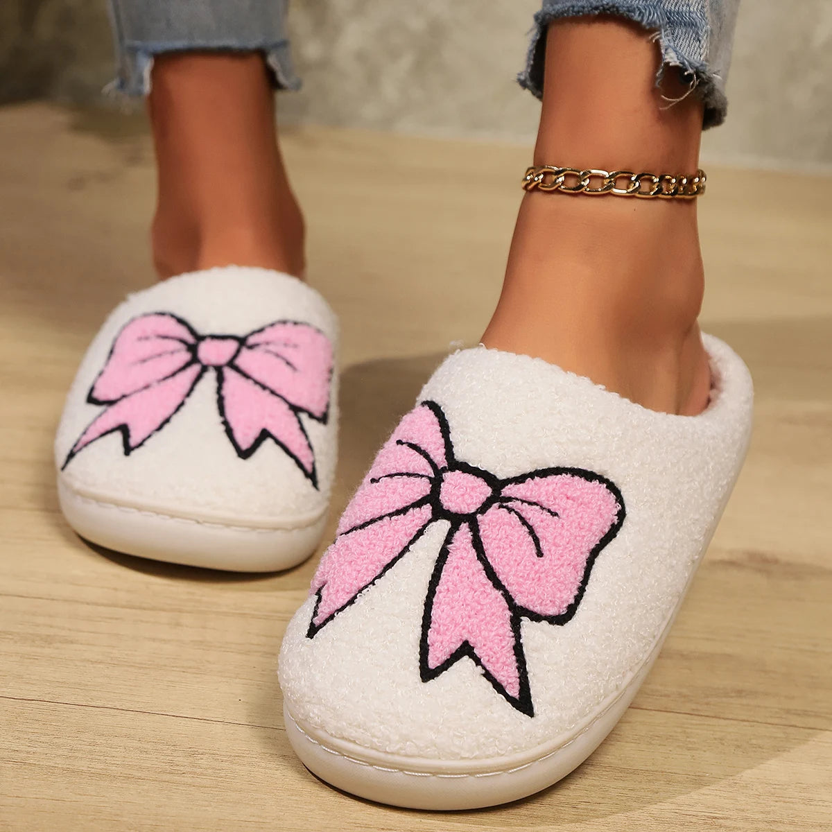 Women’s Warm Embroidered Bow Fluffy Slippers – Cute Slip-On House Shoes, Christmas & Valentine’s Day Gift