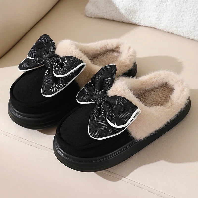 2025 Lovely Bowknot Platform Plush Slippers – Women’s Thick Sole Non-Slip Fur Winter Warm Home Cotton Slides