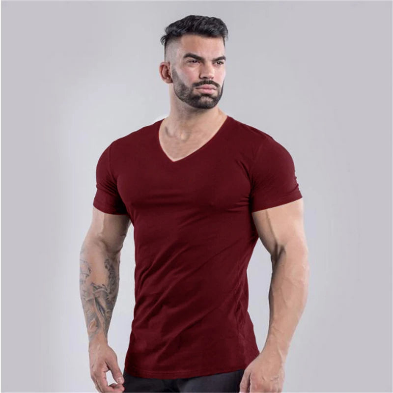 Men’s V-Neck Fitness T-Shirt – Solid Color Slim Fit Short Sleeve Gym Running Training Top