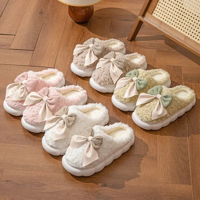2025 Bow Plush Slippers for Women – Thick Soled Non-Slip Warm Cotton Home Slippers for Autumn &amp; Winter