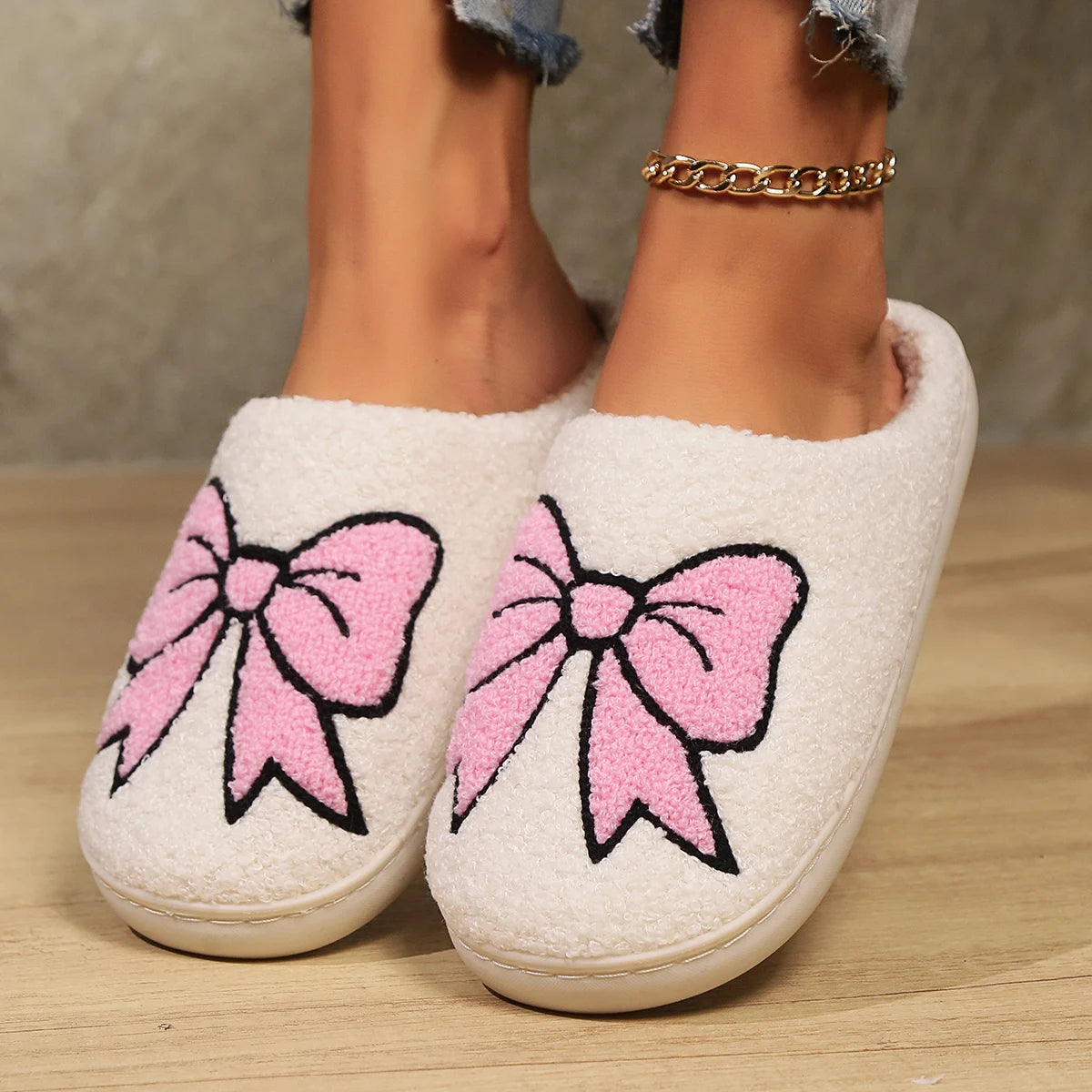Women’s Warm Embroidered Bow Fluffy Slippers – Cute Slip-On House Shoes, Christmas & Valentine’s Day Gift