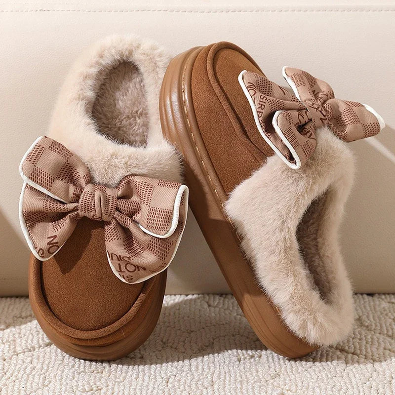 2025 Lovely Bowknot Platform Plush Slippers – Women’s Thick Sole Non-Slip Fur Winter Warm Home Cotton Slides