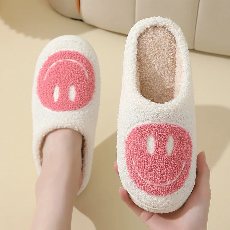 Smiley Face Fluffy Platform Slippers – Warm Plush Winter Indoor Shoes for Women & Men