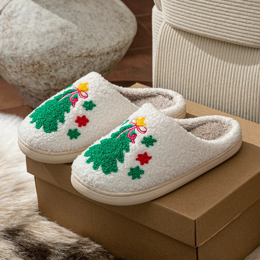 Christmas Tree Women’s Slippers – Soft Warm Indoor Holiday Shoes for Couples, Cozy Breathable Winter Home Slides