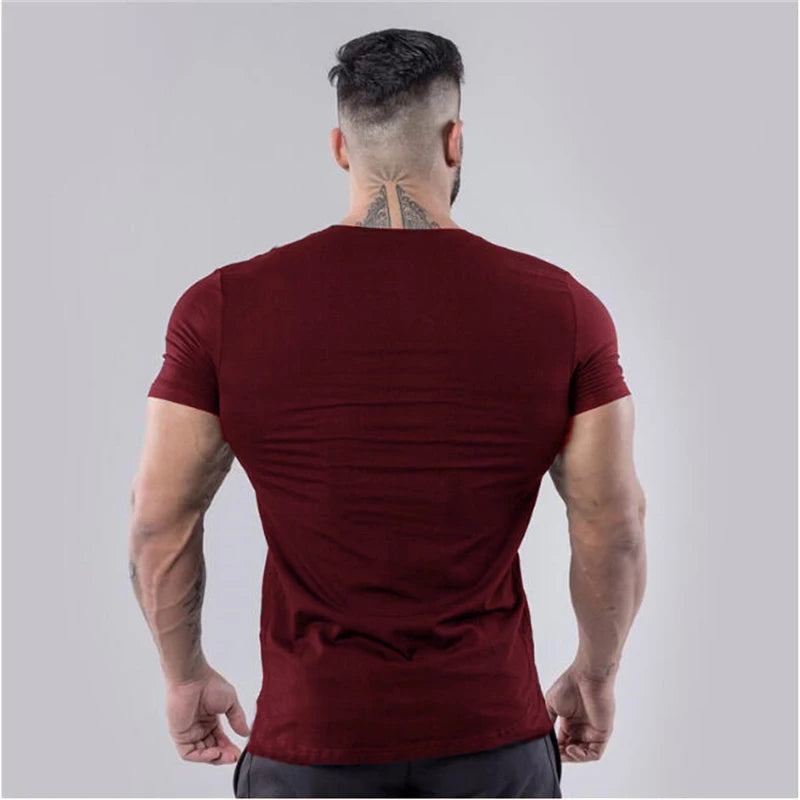 Men’s V-Neck Fitness T-Shirt – Solid Color Slim Fit Short Sleeve Gym Running Training Top