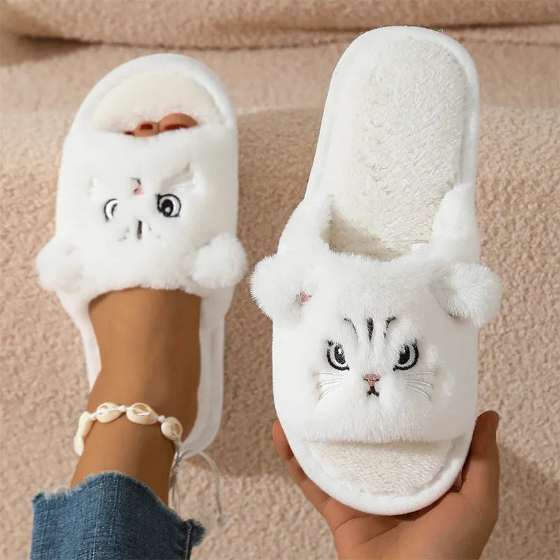 2025 Faux Fur Cat Slippers – Warm Plush Non-Slip Indoor Shoes for Couples, Women & Men, Soft Sole Home Slides (Size 36-45)
