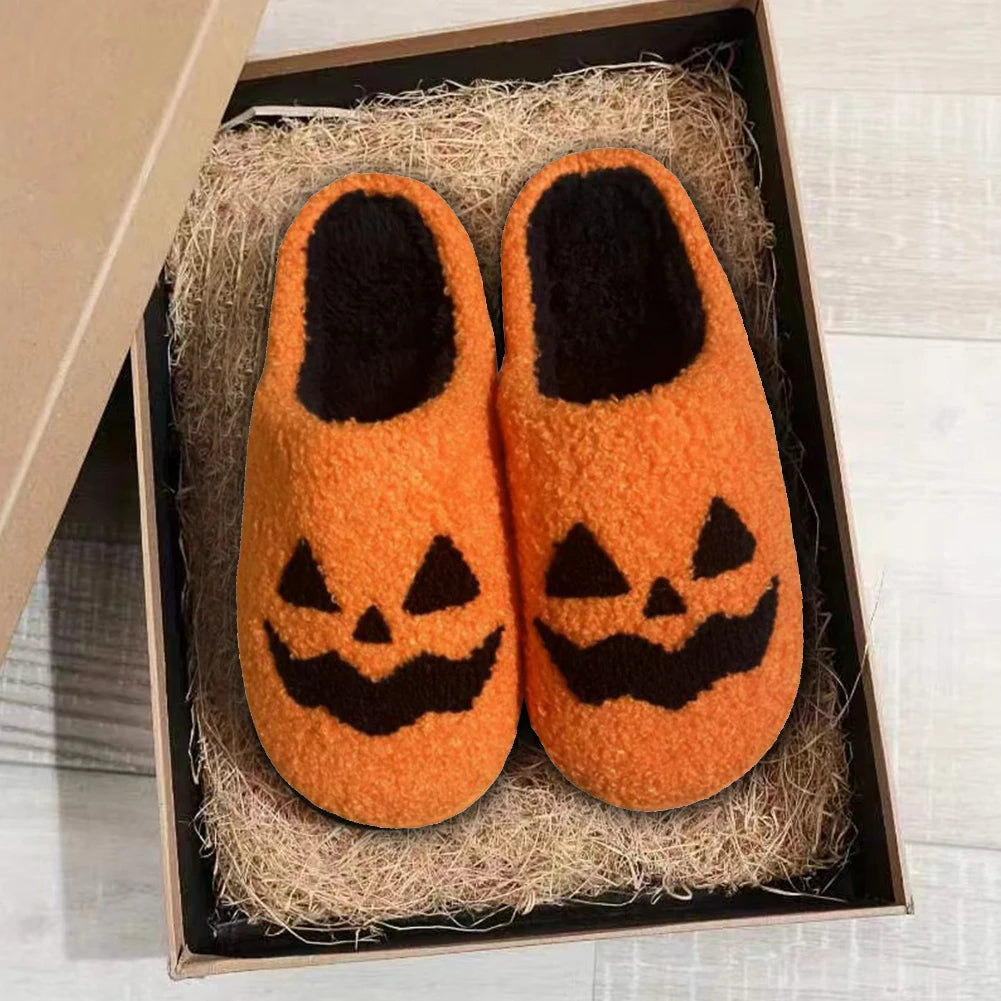 Halloween Smile Pumpkin Slippers – Soft Plush Fuzzy Indoor & Outdoor Winter Shoes for Women