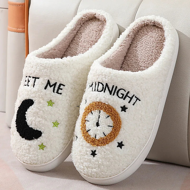 2025 Winter Moon & Clock Plush Cotton Slippers – Warm Non-Slip Indoor House Shoes for Men & Women