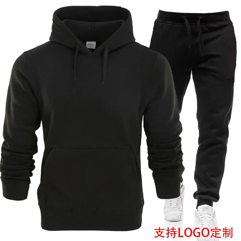 Men’s Fleece Tracksuit Set – Warm Hoodie & Sweatpants 2-Piece Streetwear Outfit for Autumn/Winter