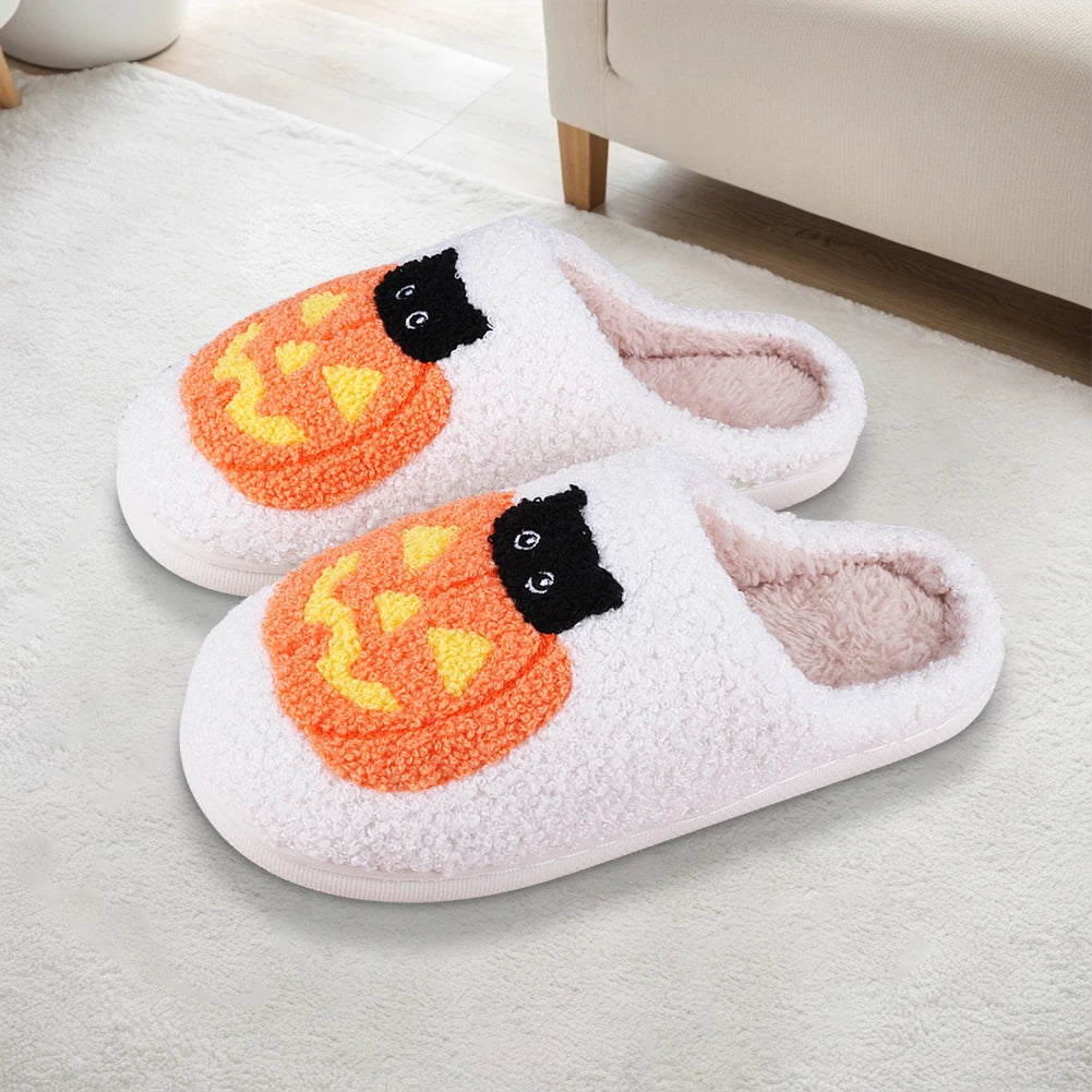 2025 Halloween Pumpkin Fluffy Slippers – Cotton Plush Platform Slides for Women & Couples, Funny Indoor Designer Home Shoes