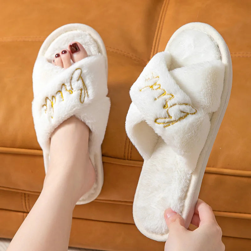 White Plush Cross Strap Slippers for Women – Letter Print Fluffy Bridal Non-Slip Indoor Home Slides