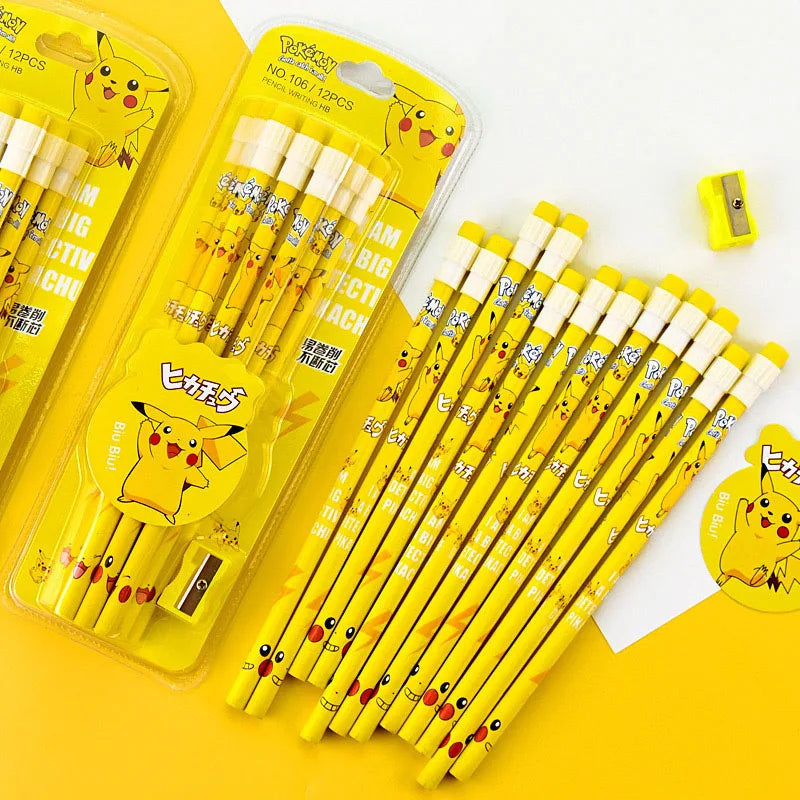12Pcs Pokémon Pencil Set with Eraser & Sharpener – Cute Anime School Stationery Gift