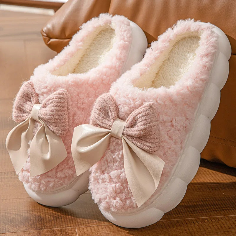 2025 Bow Plush Slippers for Women – Thick Soled Non-Slip Warm Cotton Home Slippers for Autumn &amp; Winter