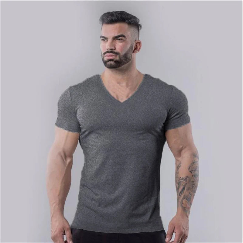 Men’s V-Neck Fitness T-Shirt – Solid Color Slim Fit Short Sleeve Gym Running Training Top