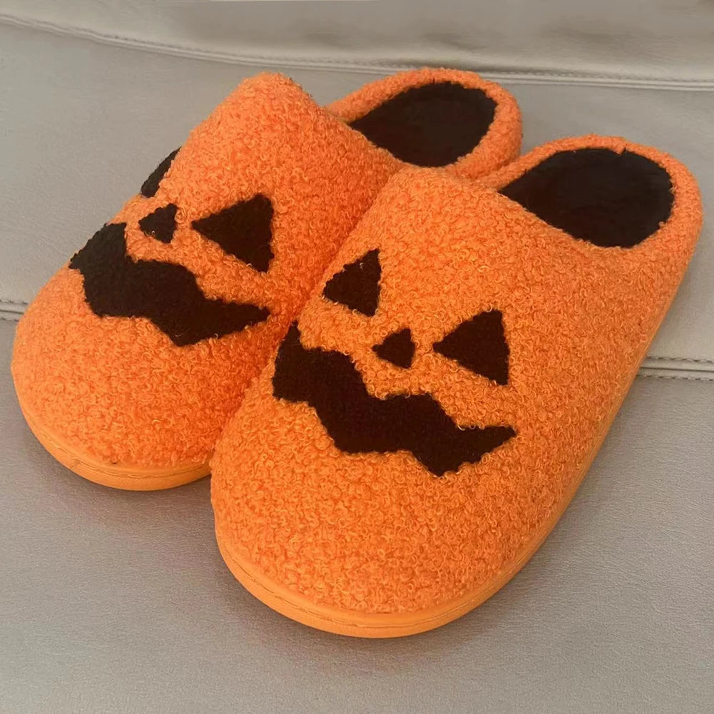 Halloween Smile Pumpkin Slippers – Soft Plush Fuzzy Indoor & Outdoor Winter Shoes for Women