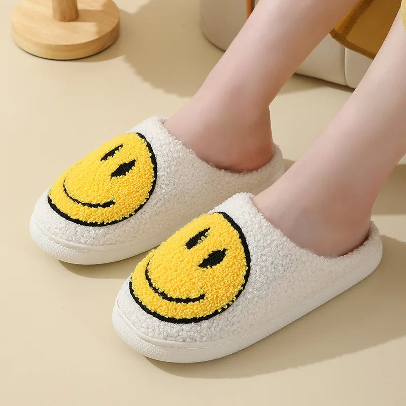 Smiley Face Fluffy Platform Slippers – Warm Plush Winter Indoor Shoes for Women & Men
