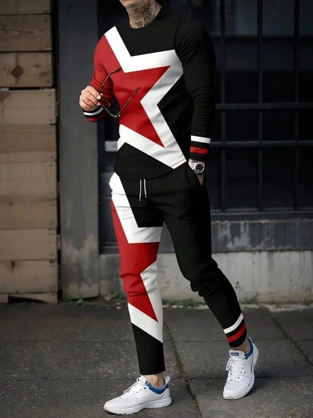 Men’s Summer Striped Patchwork Set – Breathable Round Neck Long Sleeve Top & Pants Outdoor Casual Outfit