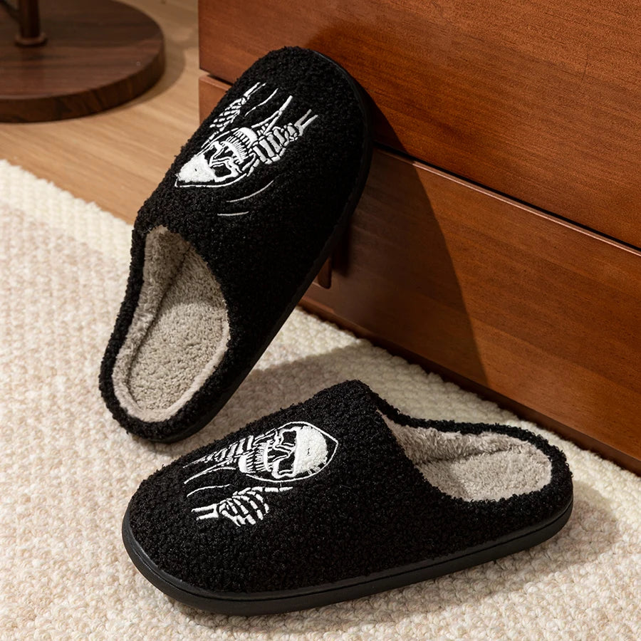 Halloween Skull Face Slippers – Funny Women’s Indoor Soft Plush Winter Cotton Shoes for Couples, Warm & Comfortable