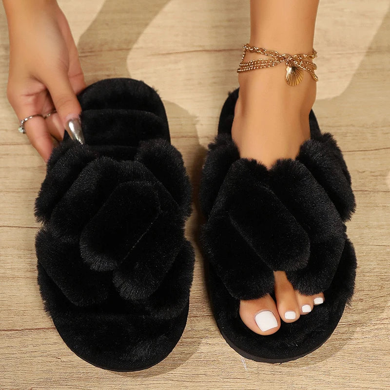Fashion Cross Strap Fluffy Slippers for Women – Winter Warm Plush Peep Toe Flat Cotton Home Slides