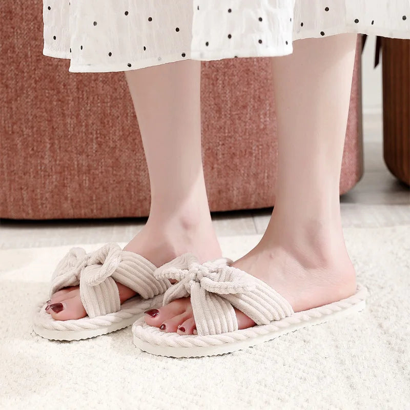 Women’s Bow Flat Heel Slippers – Non-Slip Open-Toe Soft Sole Slides for Home & All Seasons