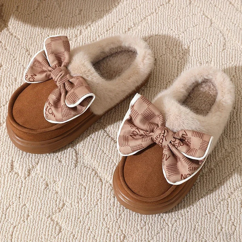 2025 Lovely Bowknot Platform Plush Slippers – Women’s Thick Sole Non-Slip Fur Winter Warm Home Cotton Slides