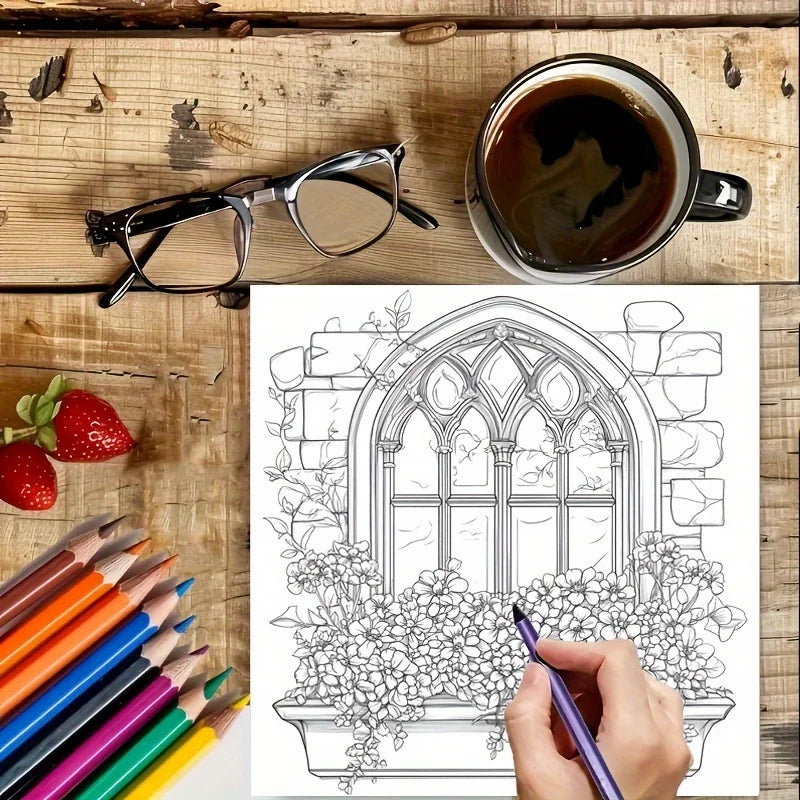 Dreamy Window Coloring Book – 28 Pages Adult Stress Relief & Relaxation Art Book