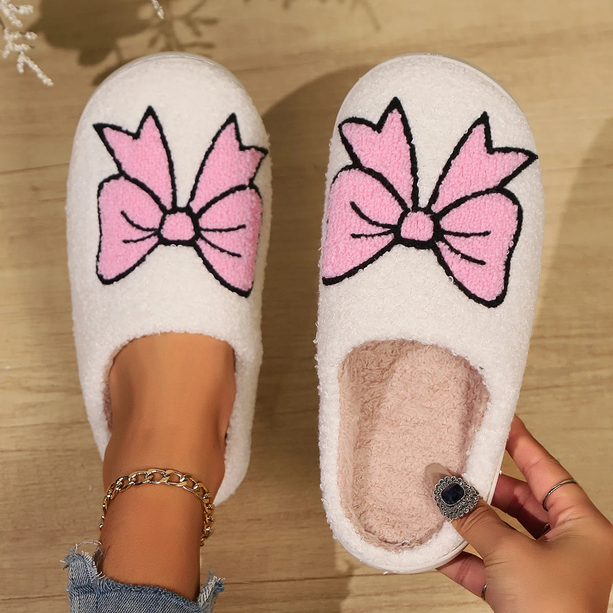 Women’s Warm Embroidered Bow Fluffy Slippers – Cute Slip-On House Shoes, Christmas & Valentine’s Day Gift