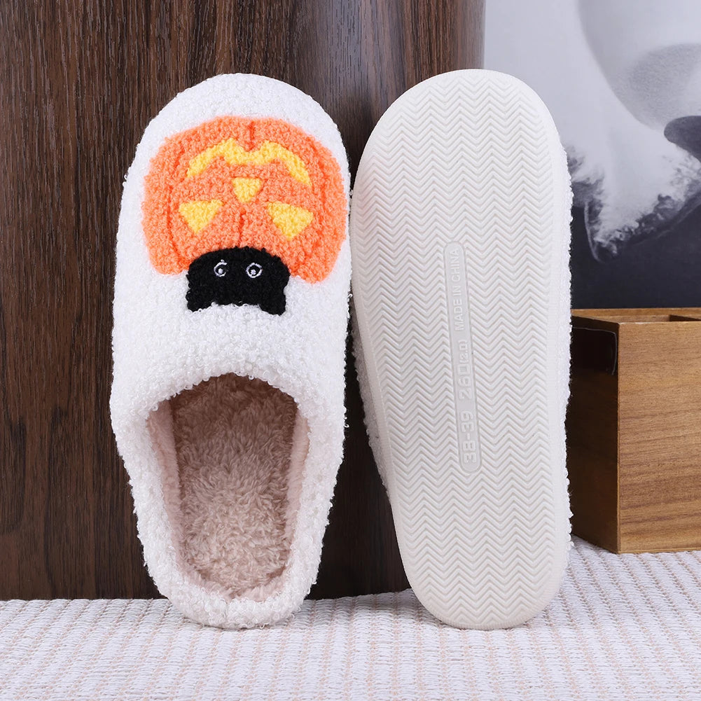 2025 Halloween Pumpkin Fluffy Slippers – Cotton Plush Platform Slides for Women & Couples, Funny Indoor Designer Home Shoes