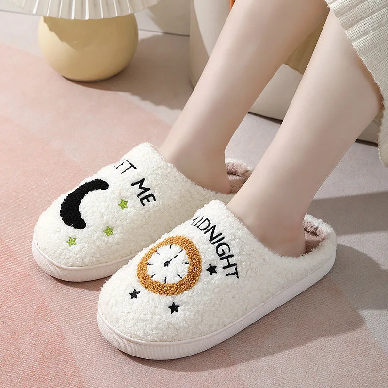 2025 Winter Moon & Clock Plush Cotton Slippers – Warm Non-Slip Indoor House Shoes for Men & Women