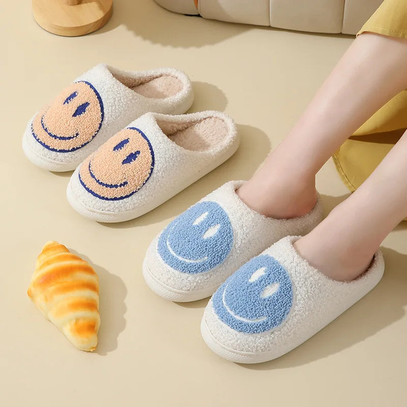 Smiley Face Fluffy Platform Slippers – Warm Plush Winter Indoor Shoes for Women & Men