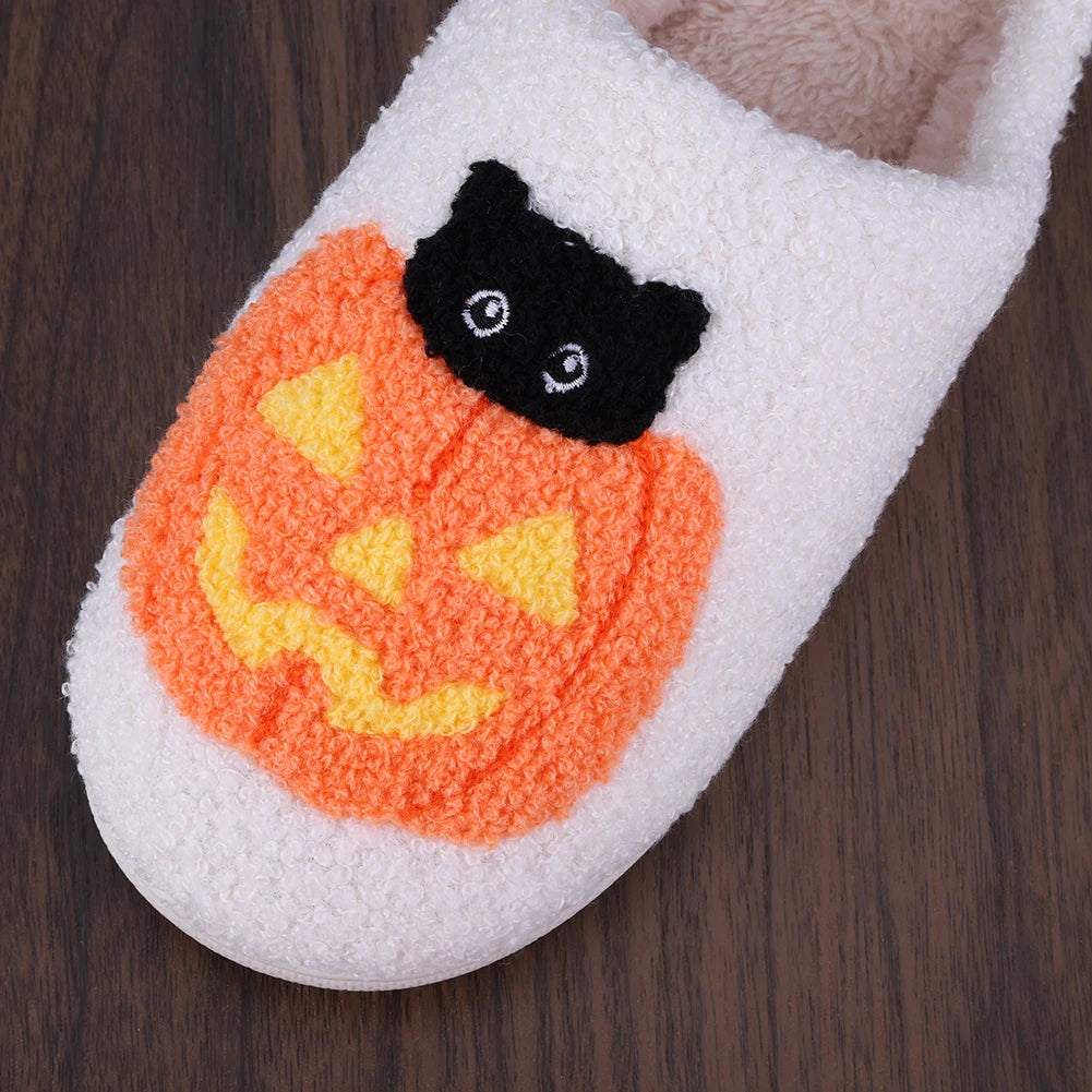 2025 Halloween Pumpkin Fluffy Slippers – Cotton Plush Platform Slides for Women & Couples, Funny Indoor Designer Home Shoes