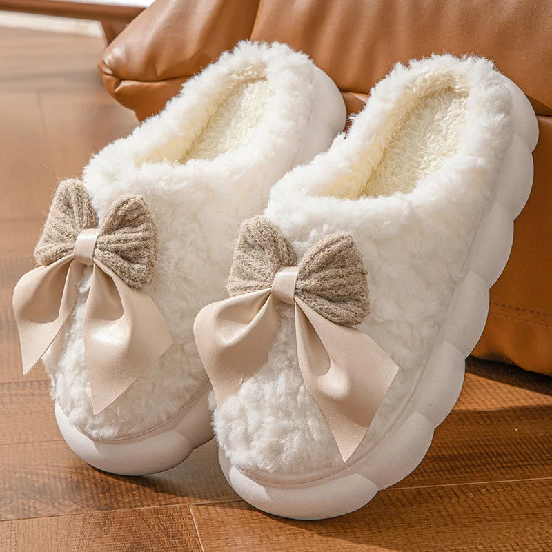 2025 Bow Plush Slippers for Women – Thick Soled Non-Slip Warm Cotton Home Slippers for Autumn &amp; Winter