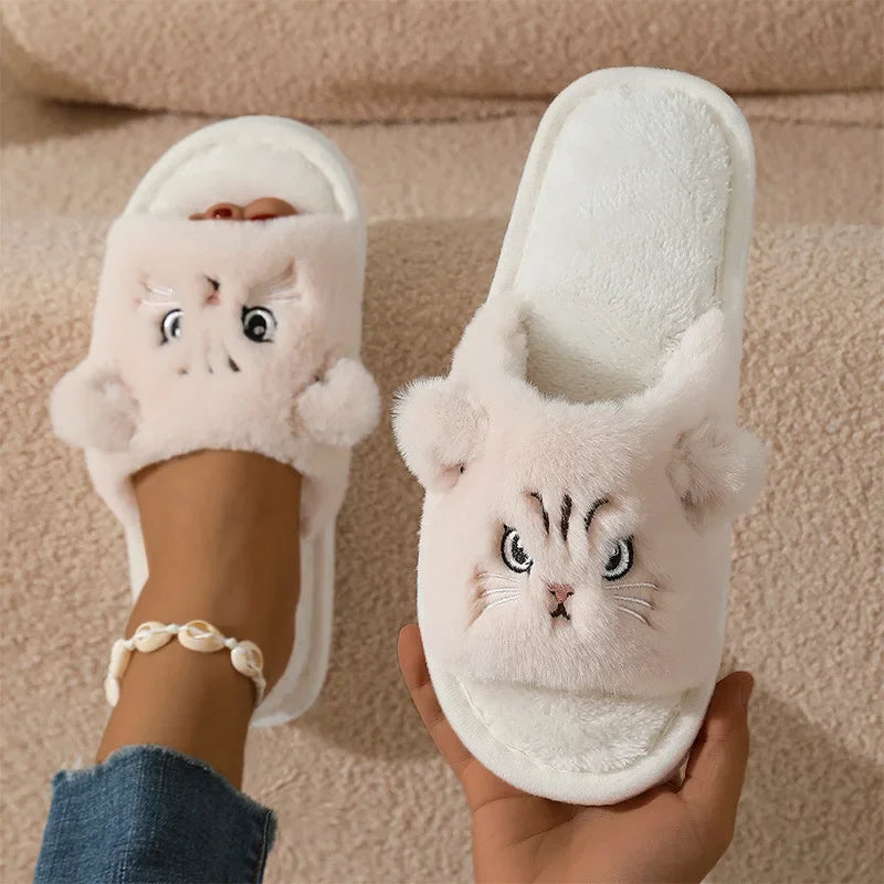 2025 Faux Fur Cat Slippers – Warm Plush Non-Slip Indoor Shoes for Couples, Women & Men, Soft Sole Home Slides (Size 36-45)
