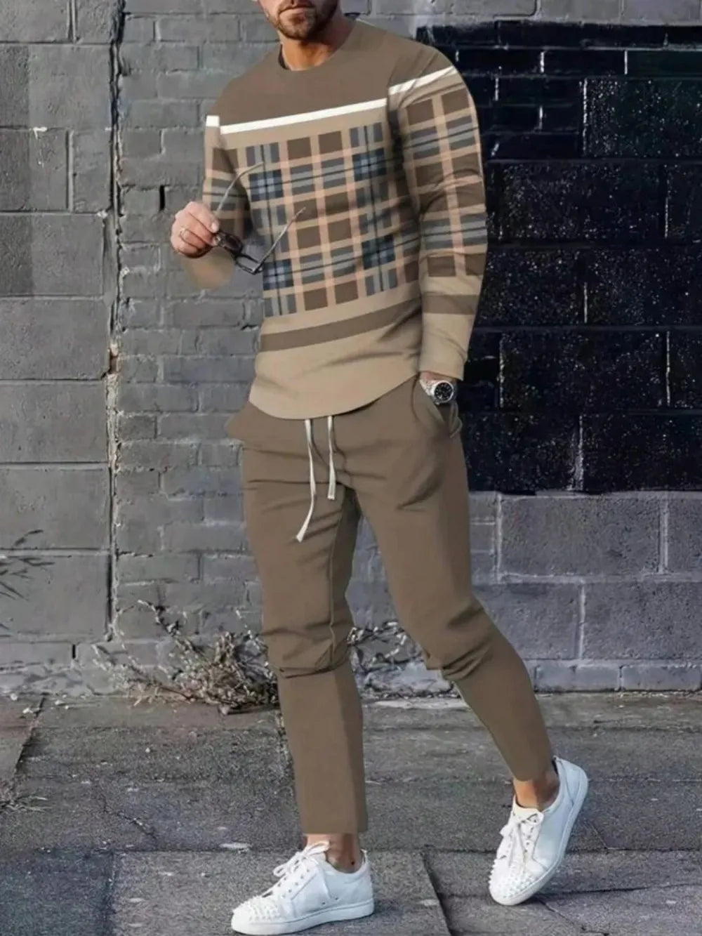 Men’s Summer Striped Patchwork Set – Breathable Round Neck Long Sleeve Top & Pants Outdoor Casual Outfit