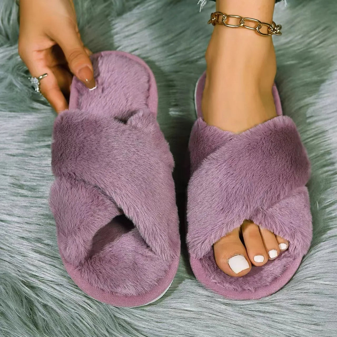 Cross Band Fluffy Fur Slippers for Women – Open Toe Plush Warm Soft Sole Non-Slip Home Slides