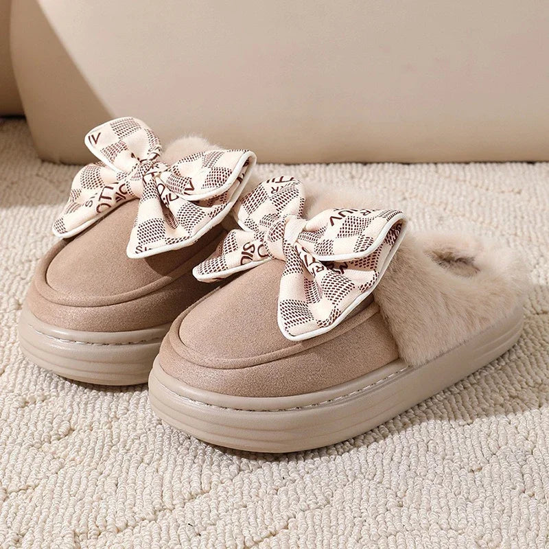2025 Lovely Bowknot Platform Plush Slippers – Women’s Thick Sole Non-Slip Fur Winter Warm Home Cotton Slides