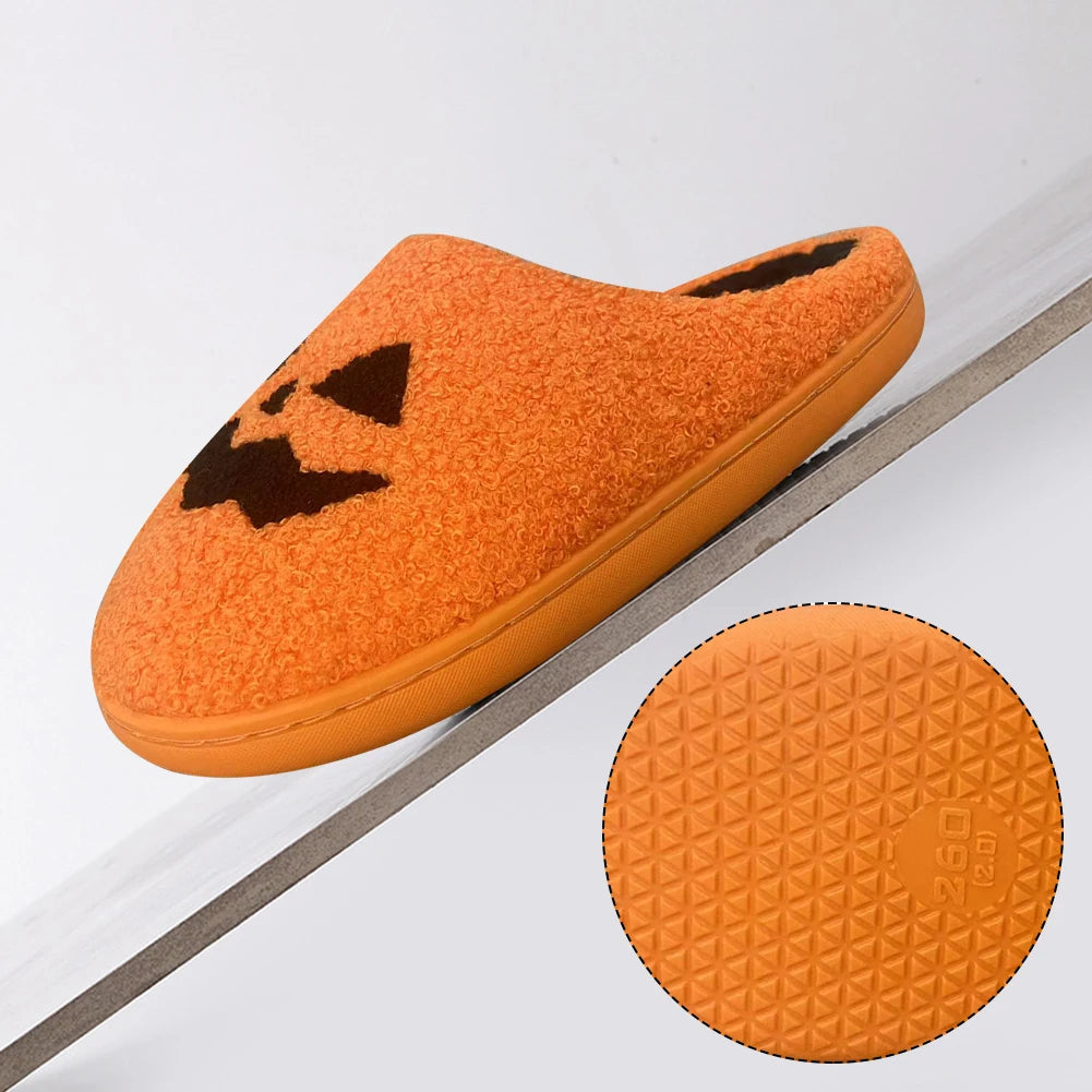 Halloween Smile Pumpkin Slippers – Soft Plush Fuzzy Indoor & Outdoor Winter Shoes for Women