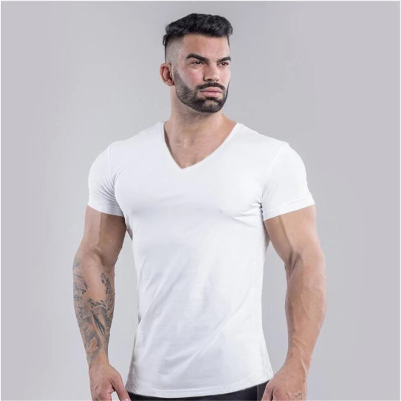 Men’s V-Neck Fitness T-Shirt – Solid Color Slim Fit Short Sleeve Gym Running Training Top