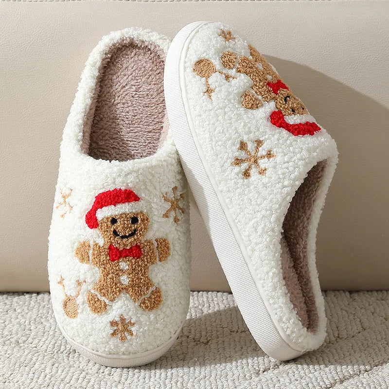 Christmas Gingerbread Slippers – Warm Plush Home Shoes for Women & Men Gifts
