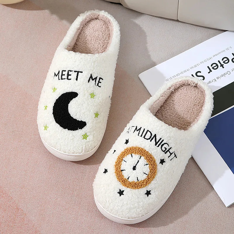 2025 Winter Moon & Clock Plush Cotton Slippers – Warm Non-Slip Indoor House Shoes for Men & Women