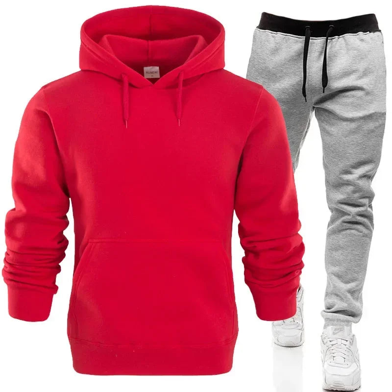 Men’s Fleece Tracksuit Set – Warm Hoodie & Sweatpants 2-Piece Streetwear Outfit for Autumn/Winter