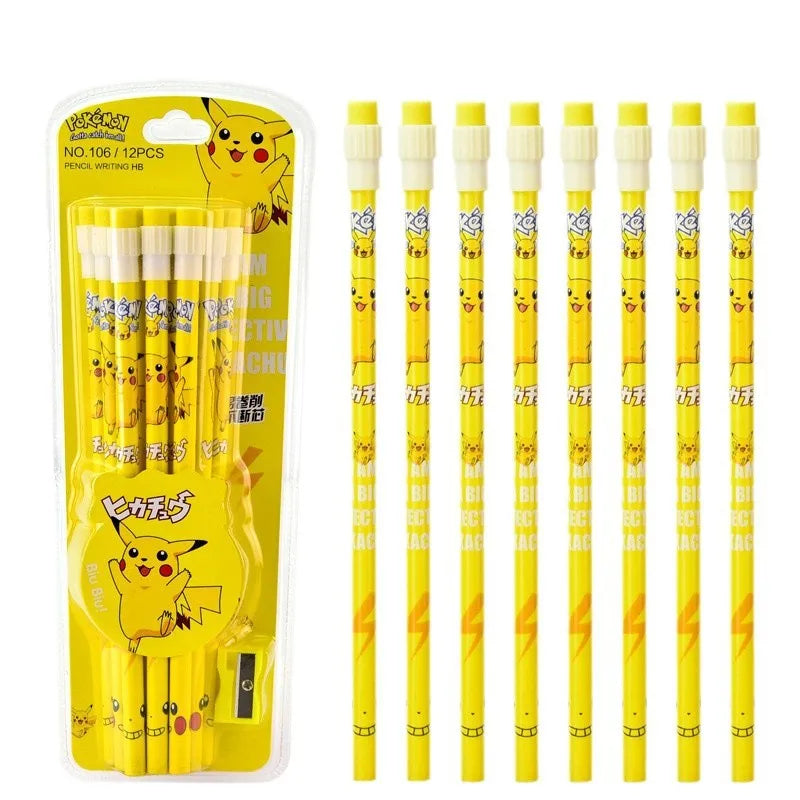 12Pcs Pokémon Pencil Set with Eraser & Sharpener – Cute Anime School Stationery Gift