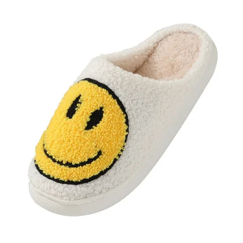 Smiley Face Fluffy Platform Slippers – Warm Plush Winter Indoor Shoes for Women & Men